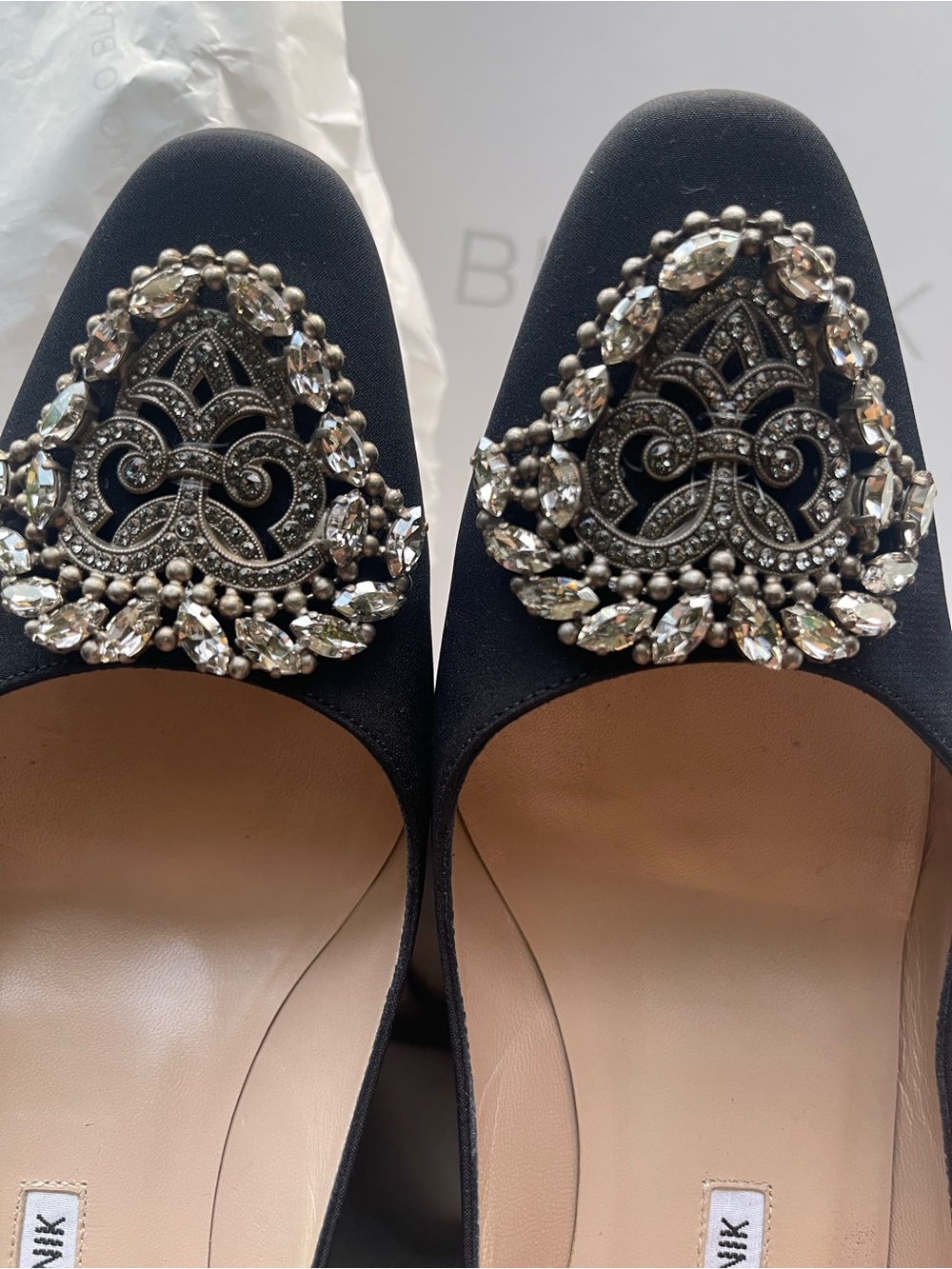 Manolo Blahnik Black Embellished Satin Pumps with Crystal Brooch - Picture 8 of 13